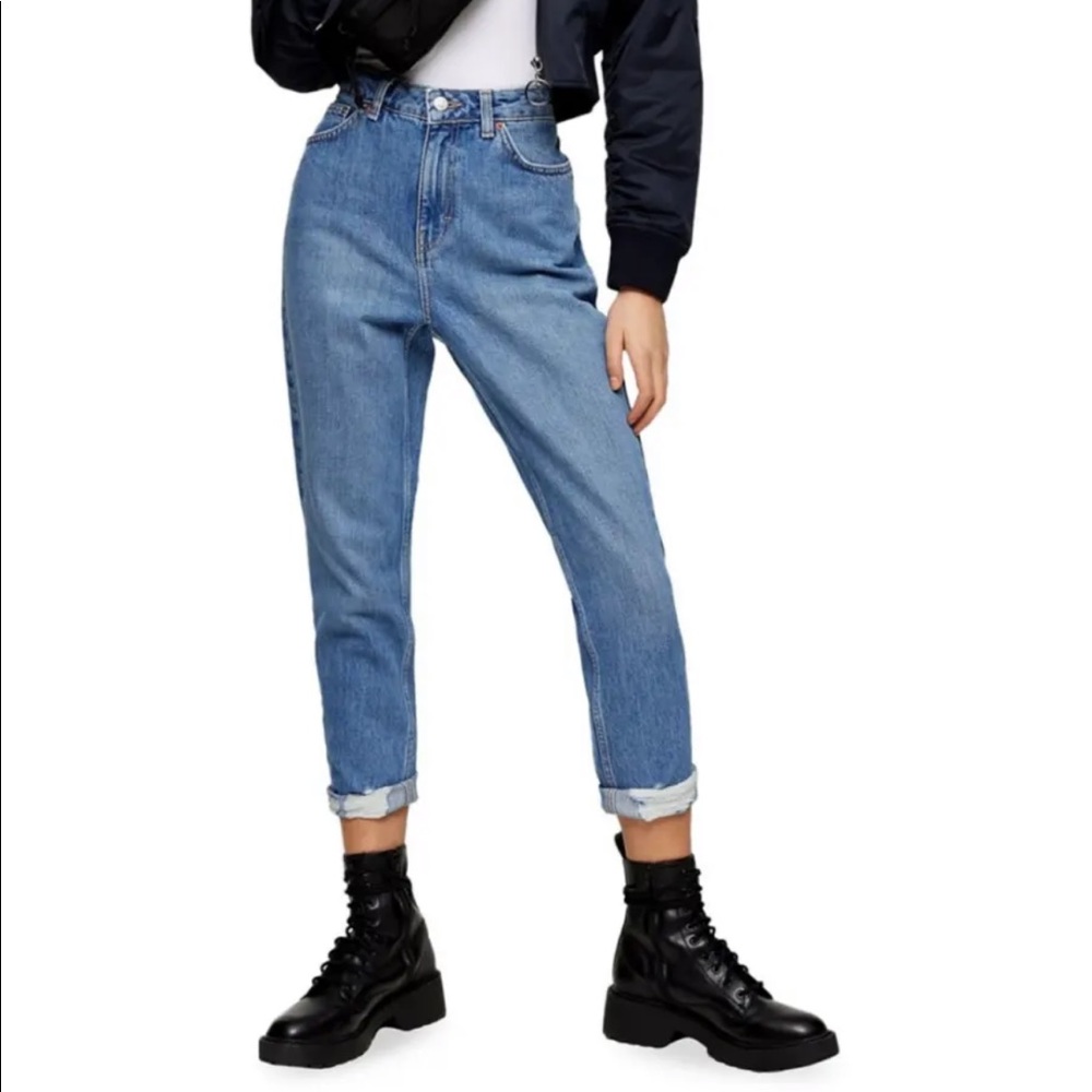 Topshop PETITE Mid Stone Mom Tapered Ripped Jeans